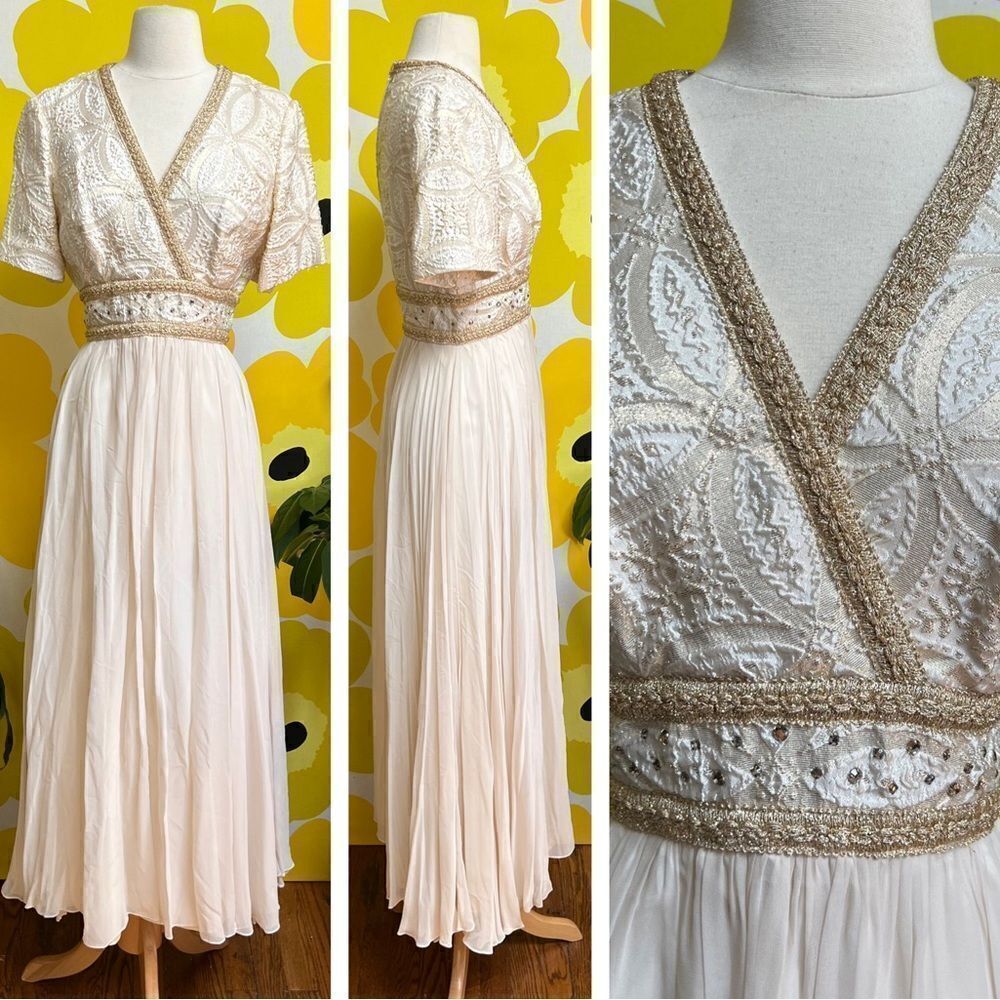 Dreamy 1960s Cream Metallic Embroidered Grecian Goddess Flowy Maxi Wedding Gown